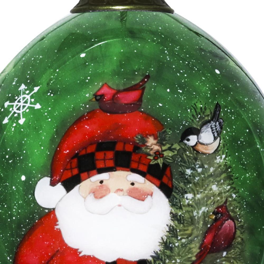 Green Plaid Santa Hand Painted Mouth Blown Glass Ornament. Picture 4