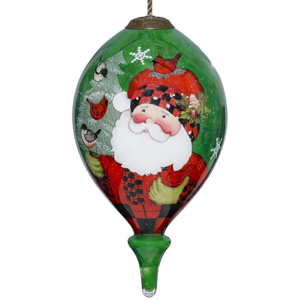 Plaid Santa with Cardinals Hand Painted Mouth Blown Glass Ornament. Picture 1