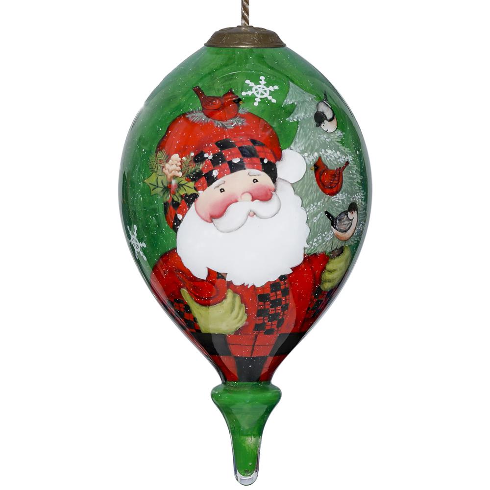 Plaid Santa with Cardinals Hand Painted Mouth Blown Glass Ornament. Picture 2