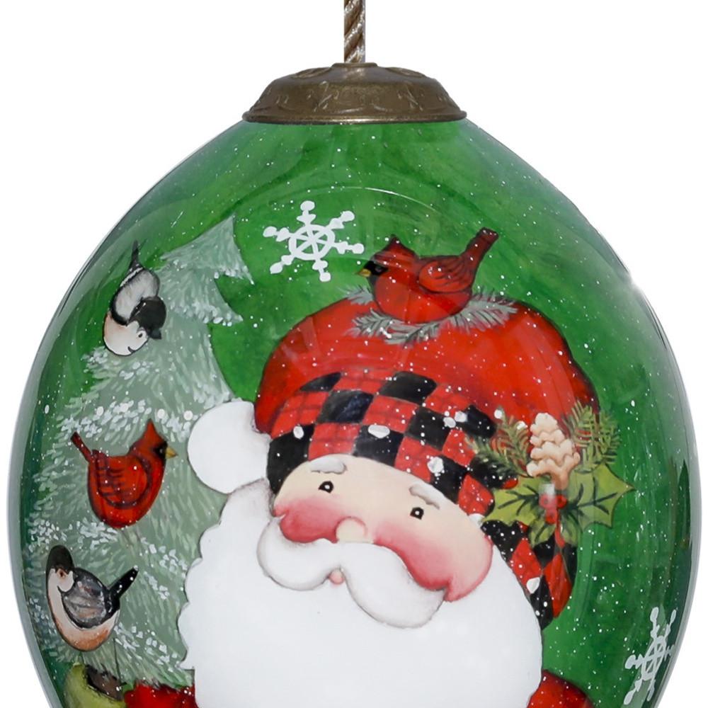 Plaid Santa with Cardinals Hand Painted Mouth Blown Glass Ornament. Picture 3