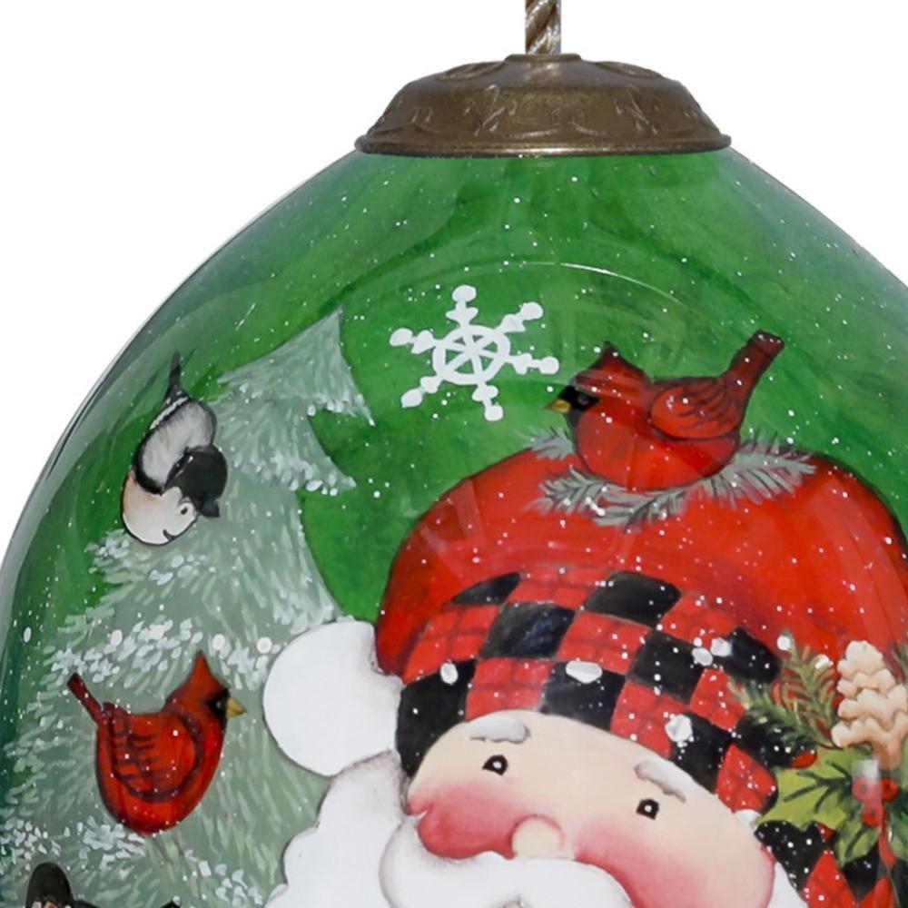 Plaid Santa with Cardinals Hand Painted Mouth Blown Glass Ornament. Picture 4