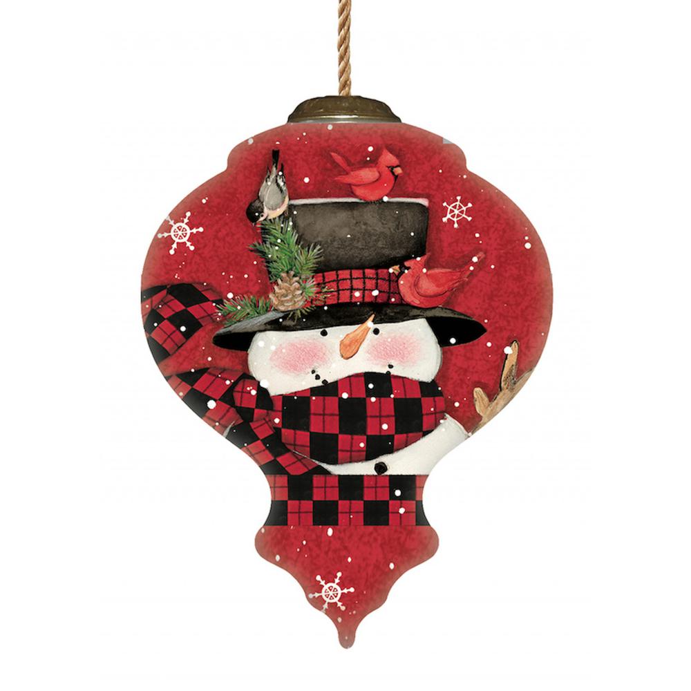 Plaid Snowman and Cardinals Hand Painted Mouth Blown Glass Ornament. Picture 1