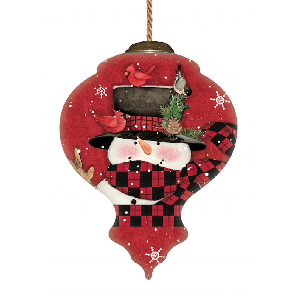 Plaid Snowman and Cardinals Hand Painted Mouth Blown Glass Ornament. Picture 2