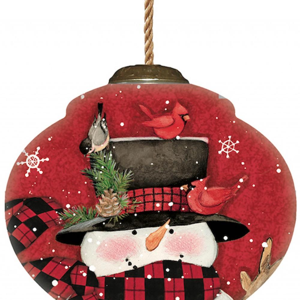 Plaid Snowman and Cardinals Hand Painted Mouth Blown Glass Ornament. Picture 3