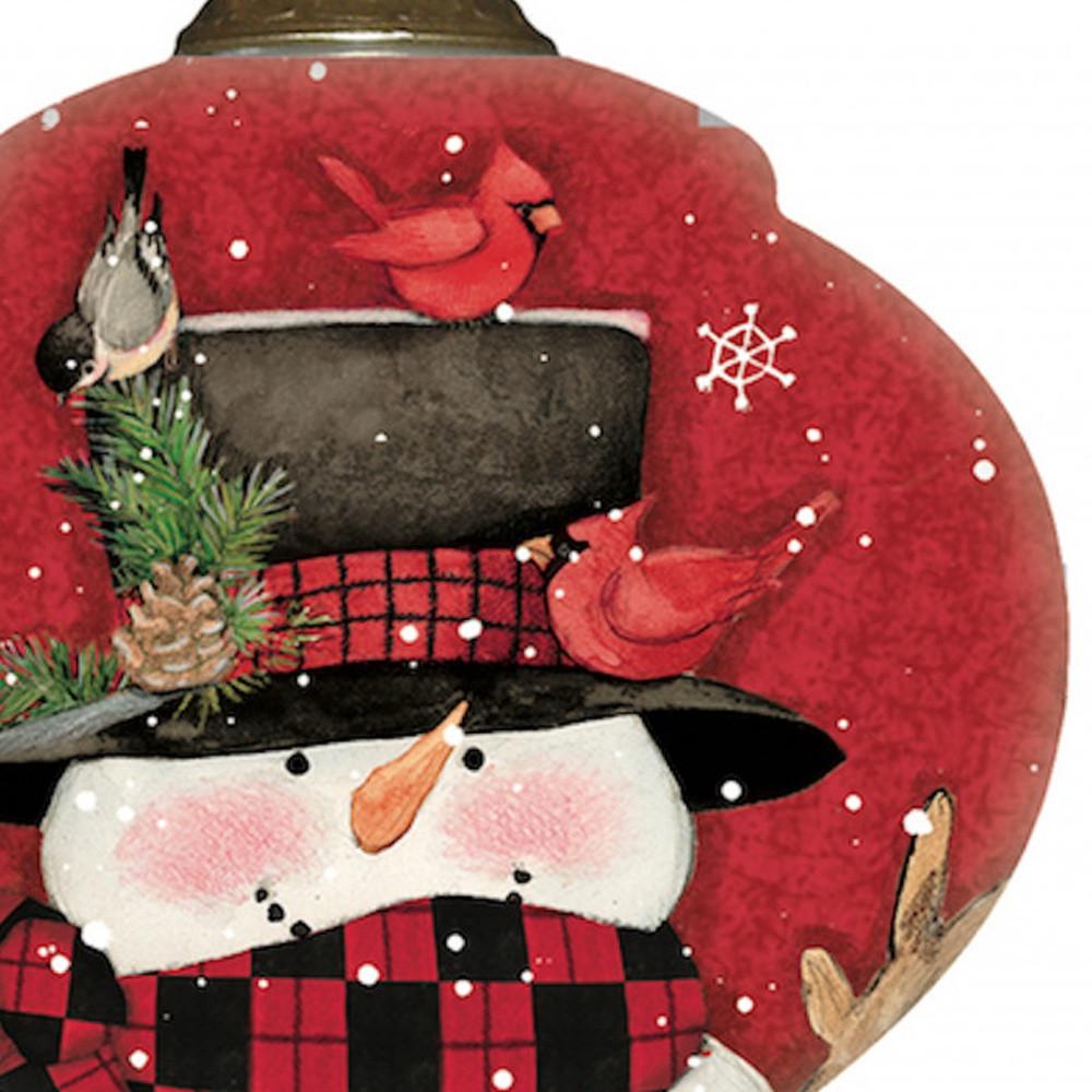 Plaid Snowman and Cardinals Hand Painted Mouth Blown Glass Ornament. Picture 4