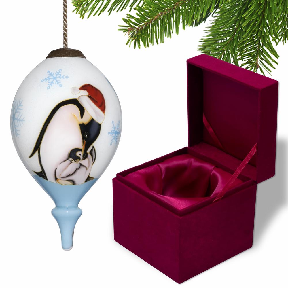 Penguin Mother and Child Hand Painted Mouth Blown Glass Ornament. Picture 2