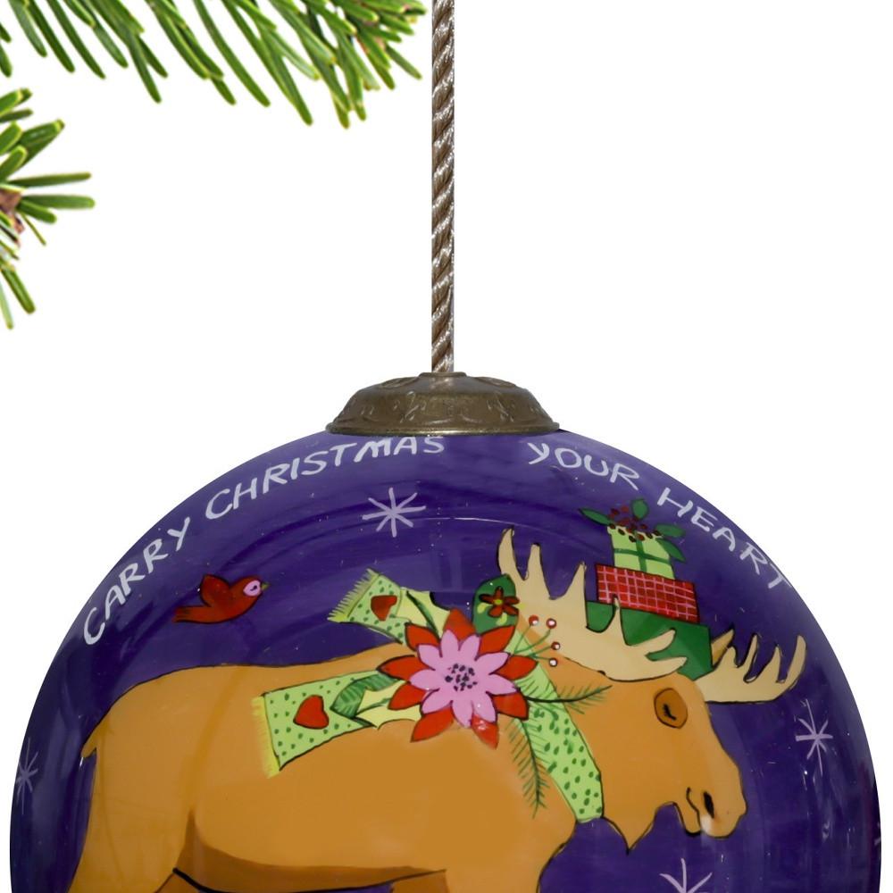 Christmas Moose Walking Hand Painted Mouth Blown Glass Ornament. Picture 3