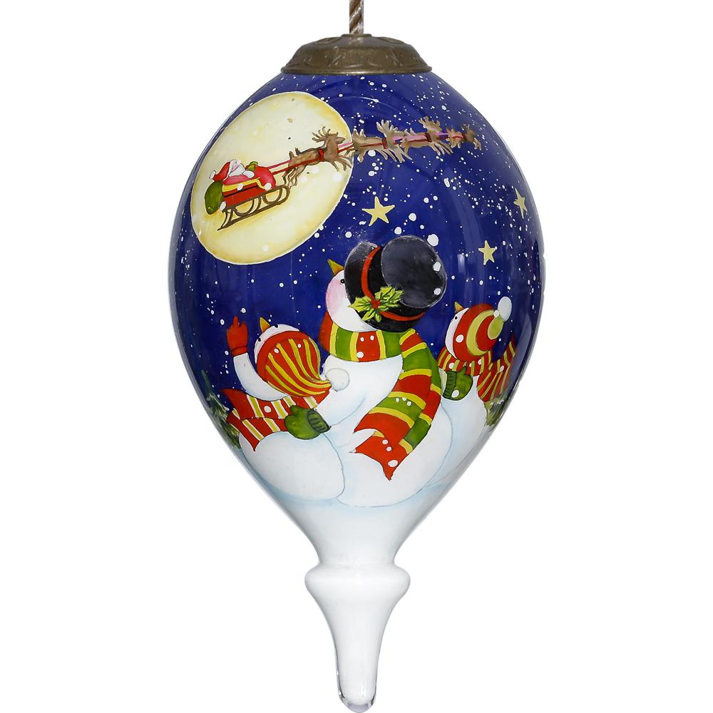 Snowmen Family Watching Santa on a Sleigh Hand Painted Mouth Blown Glass Ornament. Picture 1