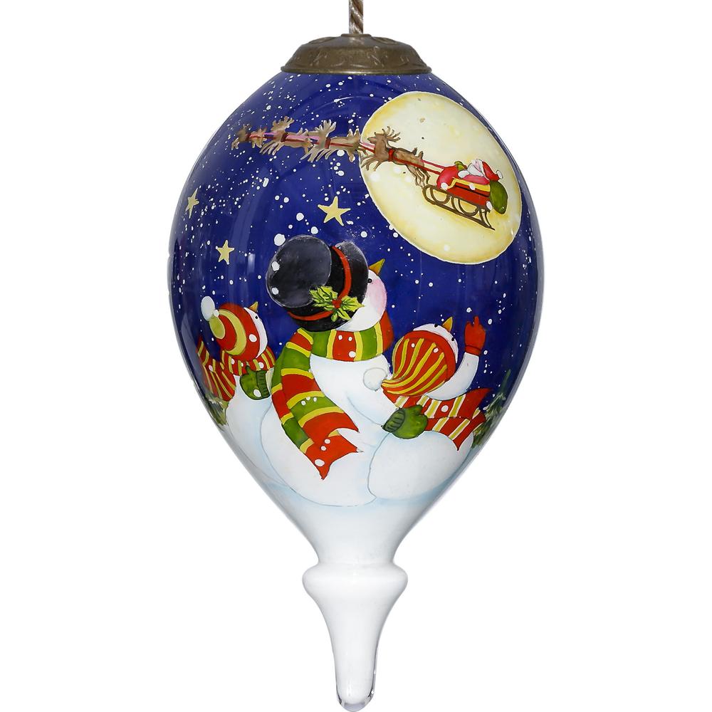 Snowmen Family Watching Santa on a Sleigh Hand Painted Mouth Blown Glass Ornament. Picture 2