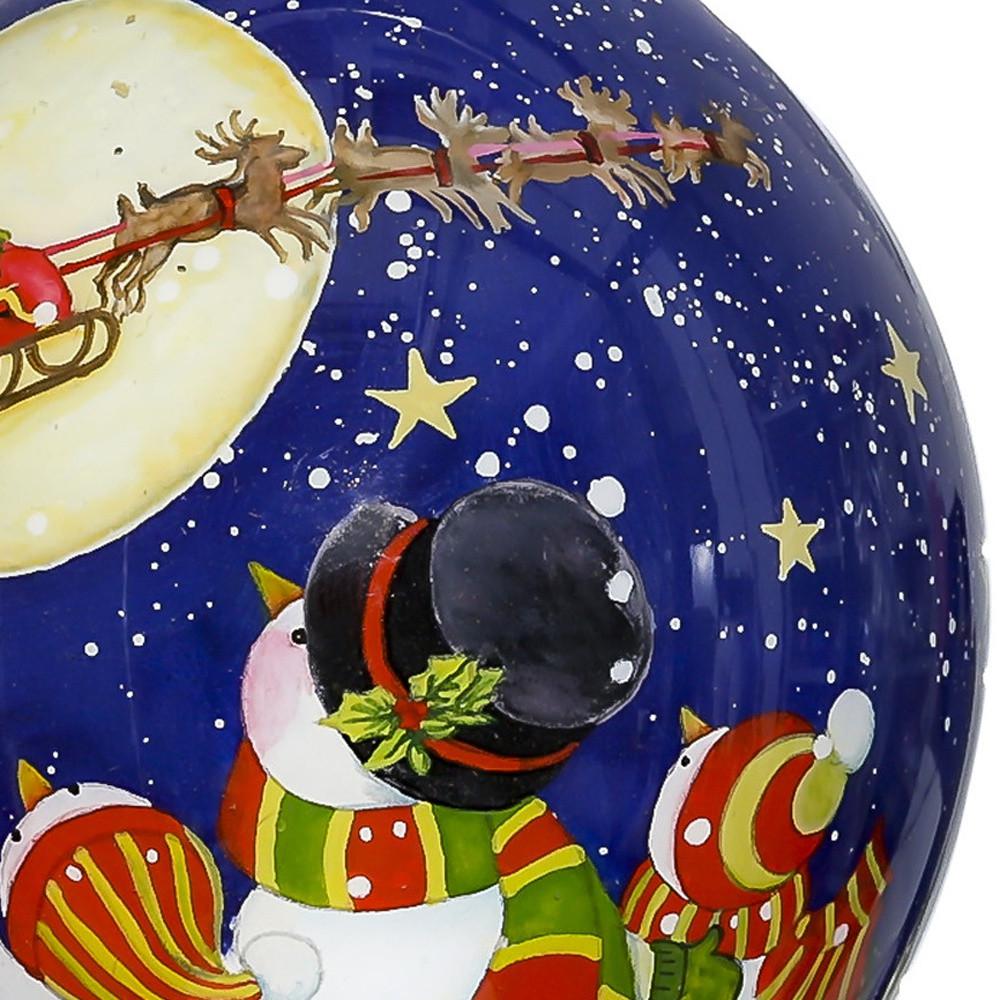 Snowmen Family Watching Santa on a Sleigh Hand Painted Mouth Blown Glass Ornament. Picture 4