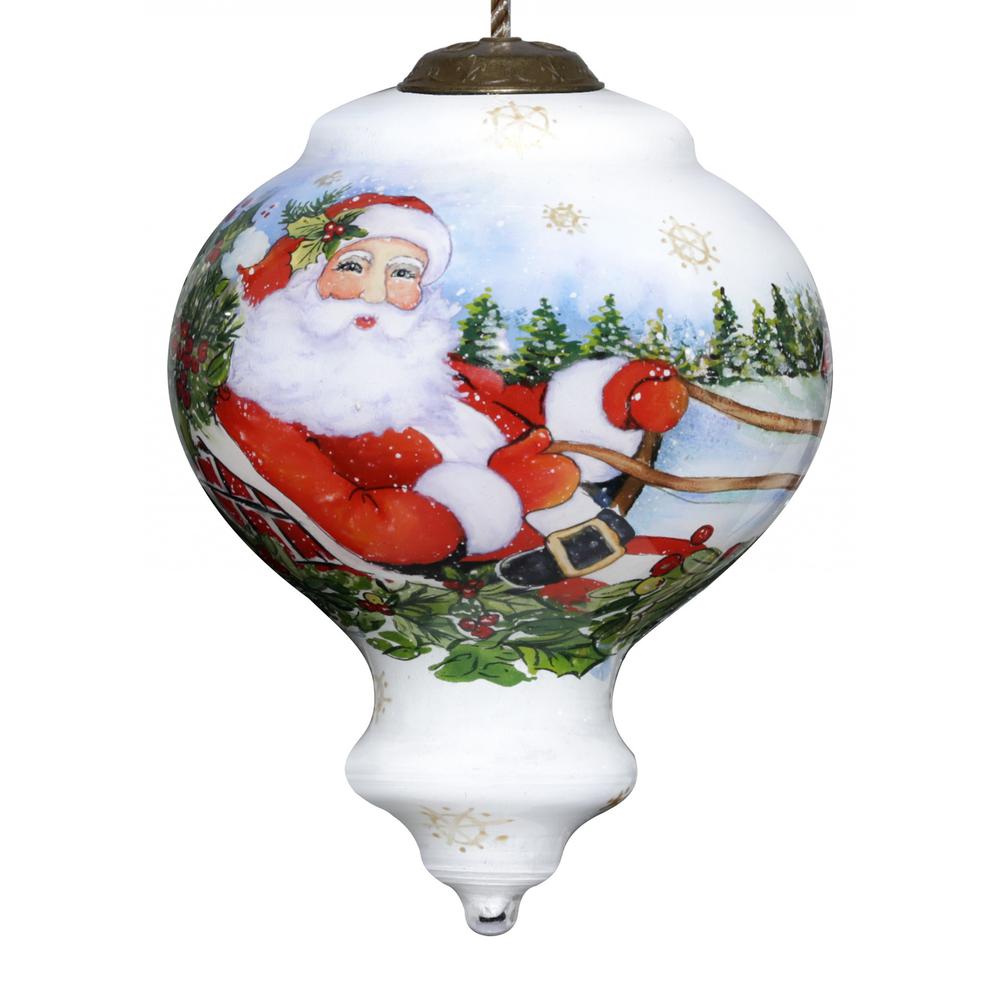 Santa Riding a Sleigh Hand Painted Mouth Blown Glass Ornament. Picture 1
