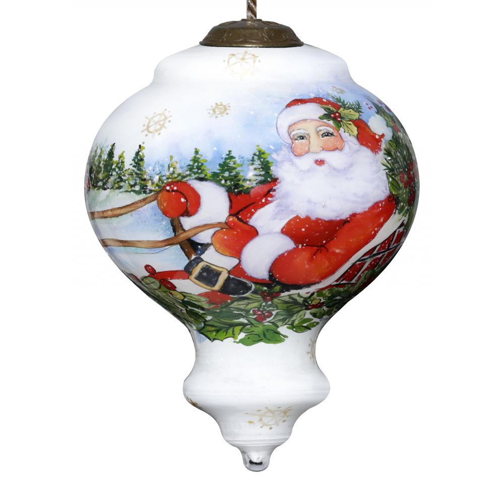 Santa Riding a Sleigh Hand Painted Mouth Blown Glass Ornament. Picture 2