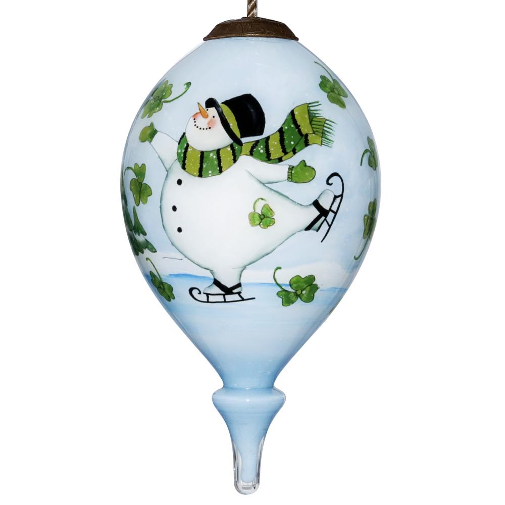 Ice Skating Shamrock Snowman Hand Painted Mouth Blown Glass Ornament. Picture 1