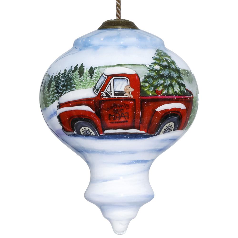 Red Farm Truck with Tree Hand Painted Mouth Blown Glass Ornament. Picture 2