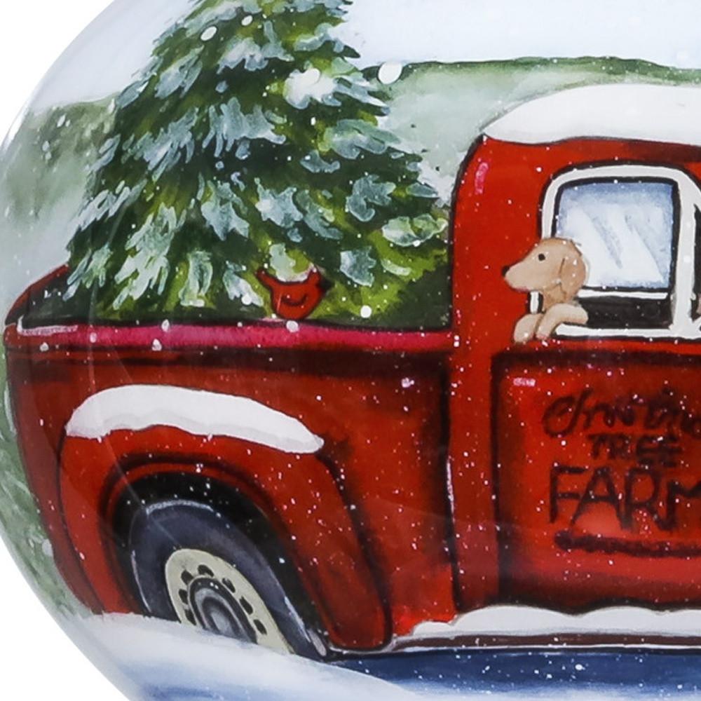 Red Farm Truck with Tree Hand Painted Mouth Blown Glass Ornament. Picture 3