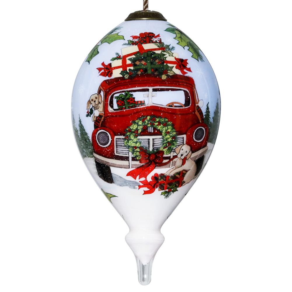 Puppy and Red Truck Christmas Wreath Hand Painted Mouth Blown Glass Ornament. Picture 1