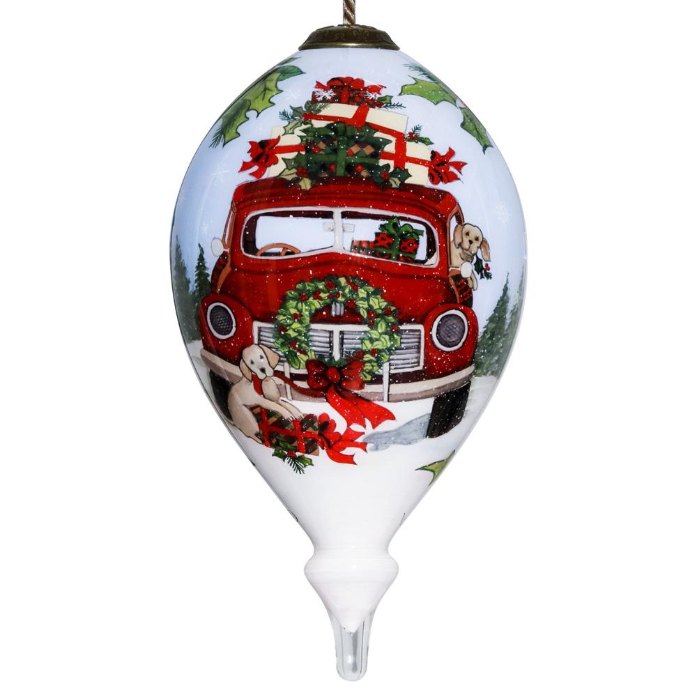 Puppy and Red Truck Christmas Wreath Hand Painted Mouth Blown Glass Ornament. Picture 2