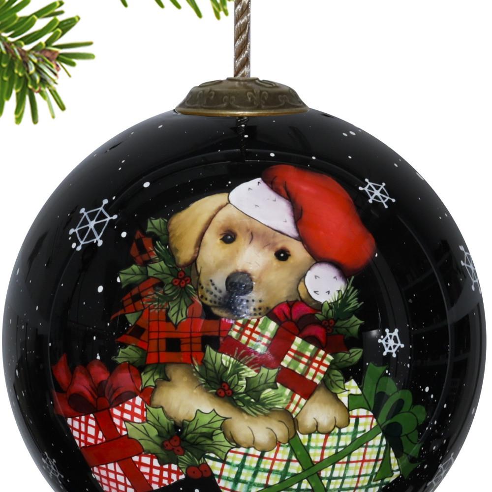 Christmas Puppy with Presents Hand Painted Mouth Blown Glass Ornament. Picture 3