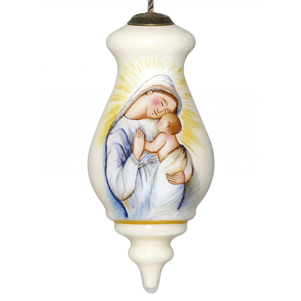 Mother Mary with Baby Hand Painted Mouth Blown Glass Ornament. Picture 1