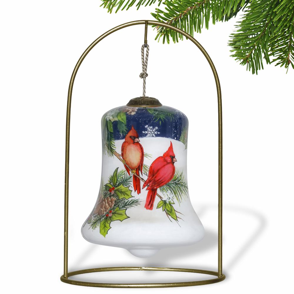 Dual Cardinals Hand Painted Mouth Blown Glass Ornament. Picture 2