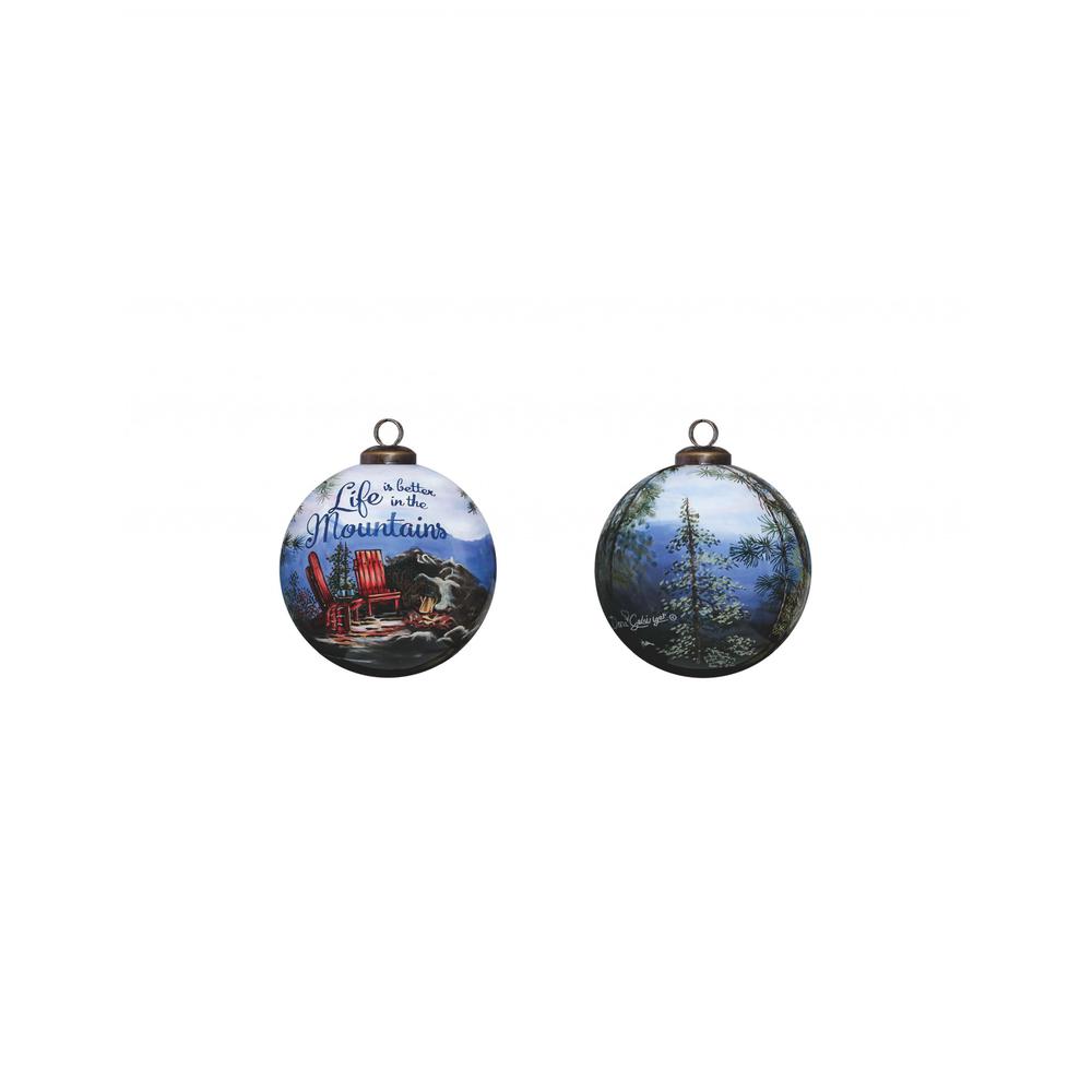 Scenic Life is Better in the Mountains Hand Painted Mouth Blown Glass Ornament. Picture 1