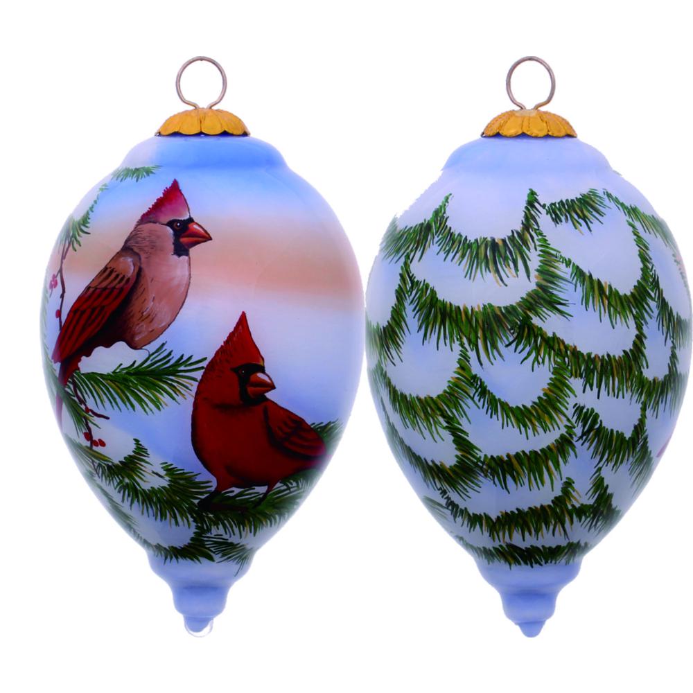 Perched Winter Cardinal Hand Painted Mouth Blown Glass Ornament. Picture 1