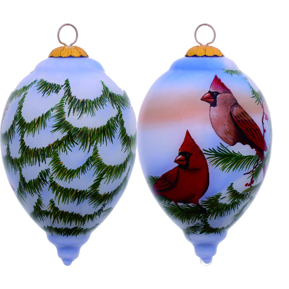Perched Winter Cardinal Hand Painted Mouth Blown Glass Ornament. Picture 2