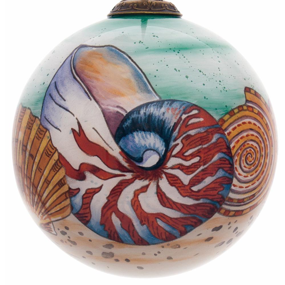 Sea Shell Hand Painted Mouth Blown Glass Ornament. Picture 2