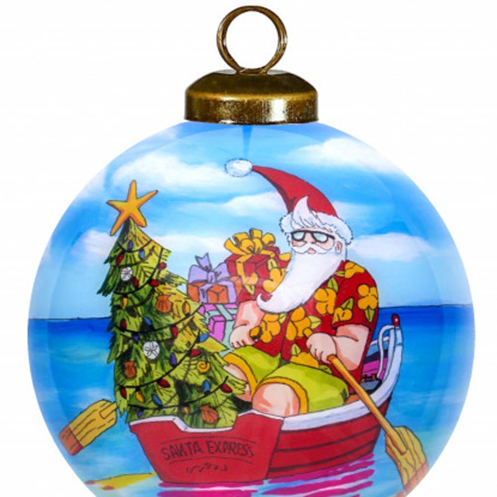 Rowing Santa Express Hand Painted Mouth Blown Glass Ornament. Picture 3