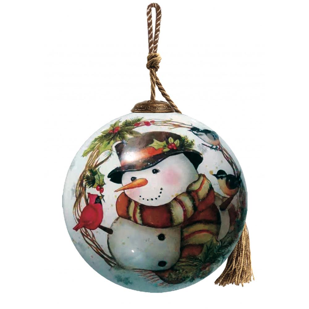 Winter Wreath Forest Snowman Hand Painted Mouth Blown Glass Ornament. Picture 1