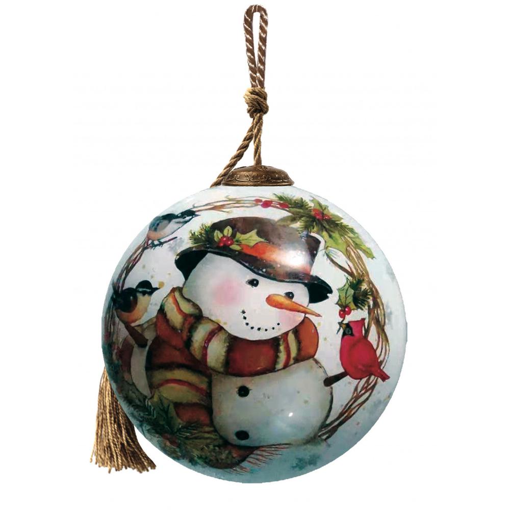 Winter Wreath Forest Snowman Hand Painted Mouth Blown Glass Ornament. Picture 2