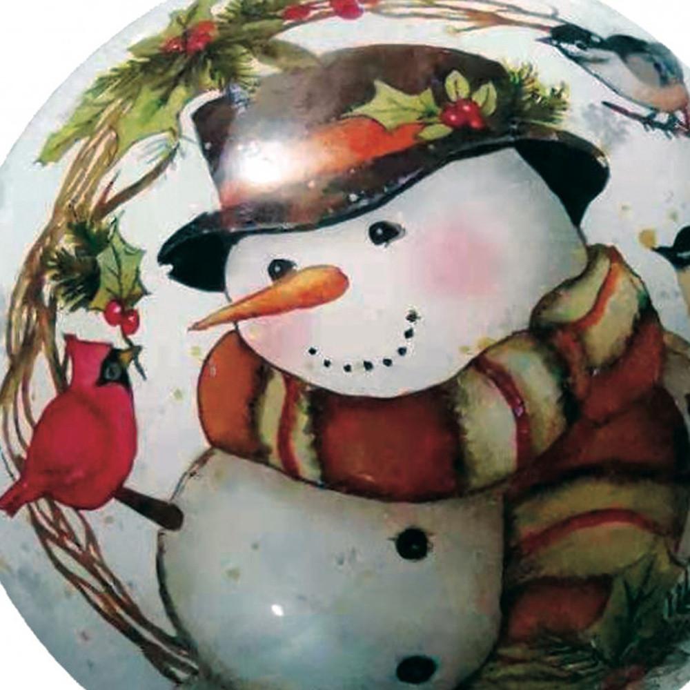 Winter Wreath Forest Snowman Hand Painted Mouth Blown Glass Ornament. Picture 3