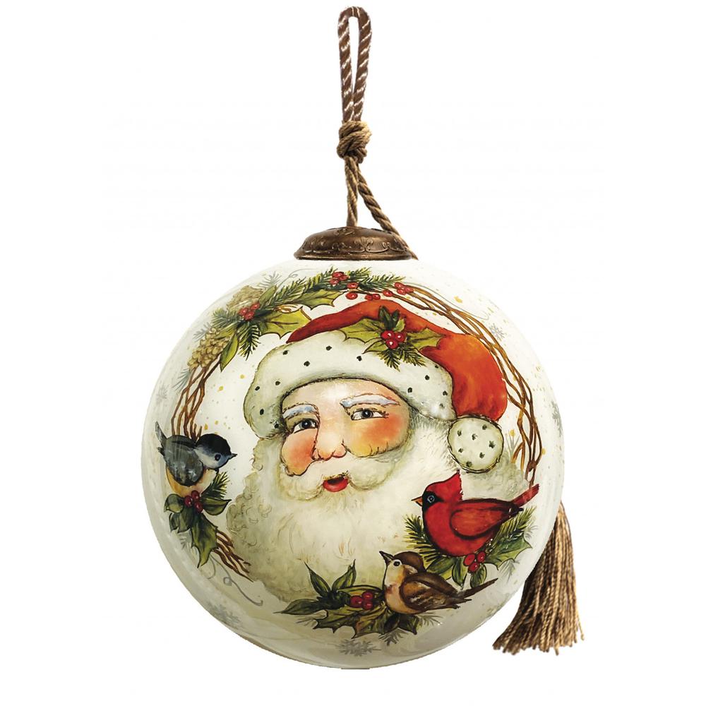 Winter Wreath Forest Santa Hand Painted Mouth Blown Glass Ornament. Picture 1