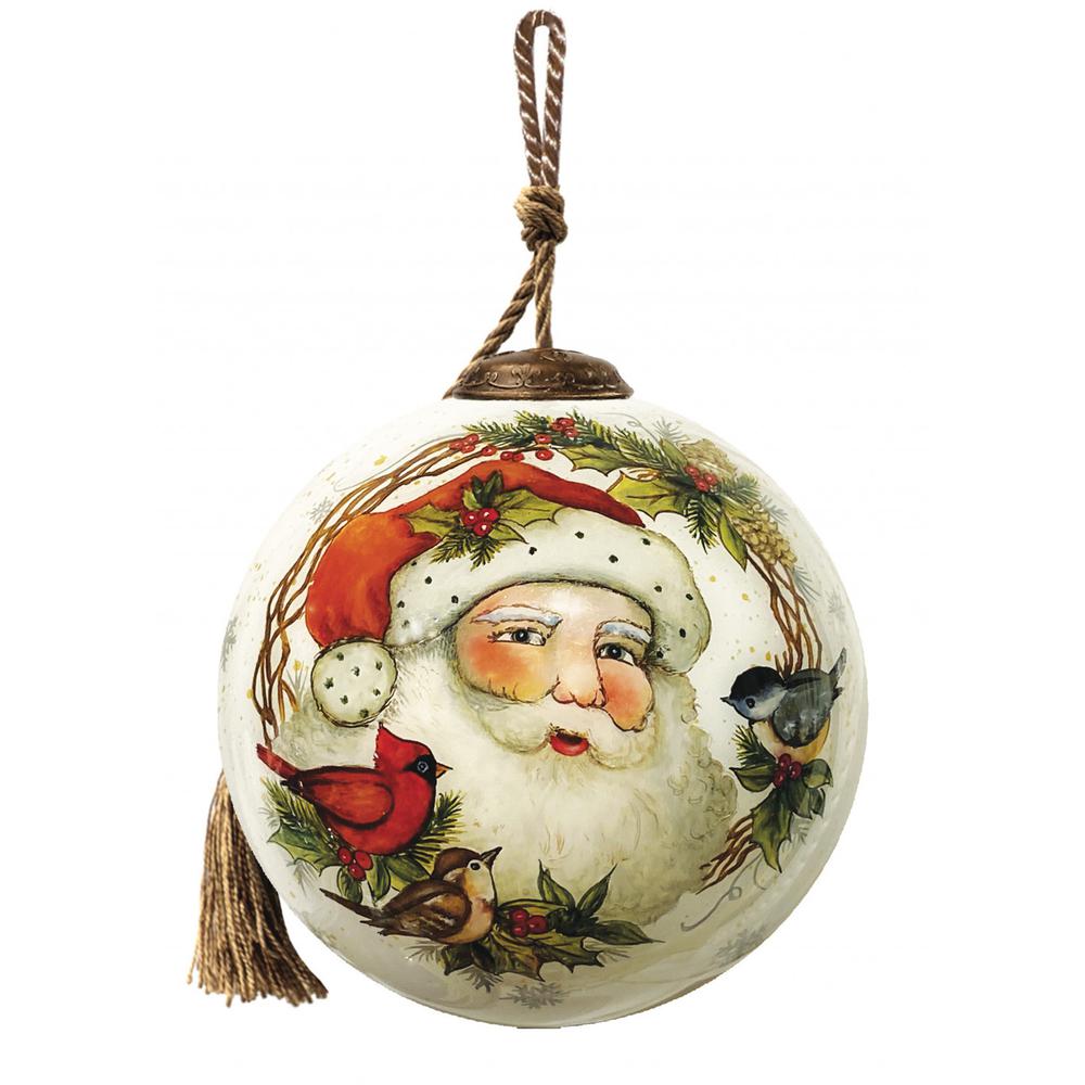Winter Wreath Forest Santa Hand Painted Mouth Blown Glass Ornament. Picture 2