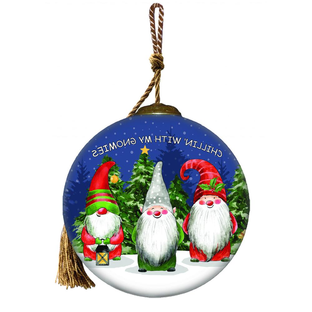 Casual Gnomes in Christmas Mode Hand Painted Mouth Blown Glass Ornament. Picture 2