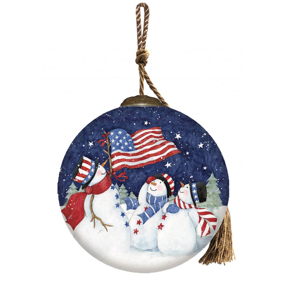 Three Snowman and an American Flag Hand Painted Mouth Blown Glass Ornament. Picture 1