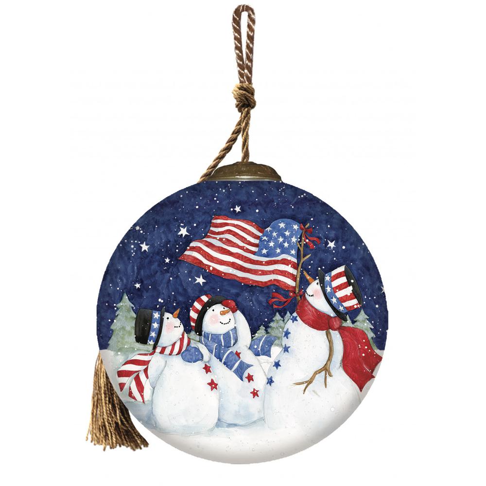 Three Snowman and an American Flag Hand Painted Mouth Blown Glass Ornament. Picture 2