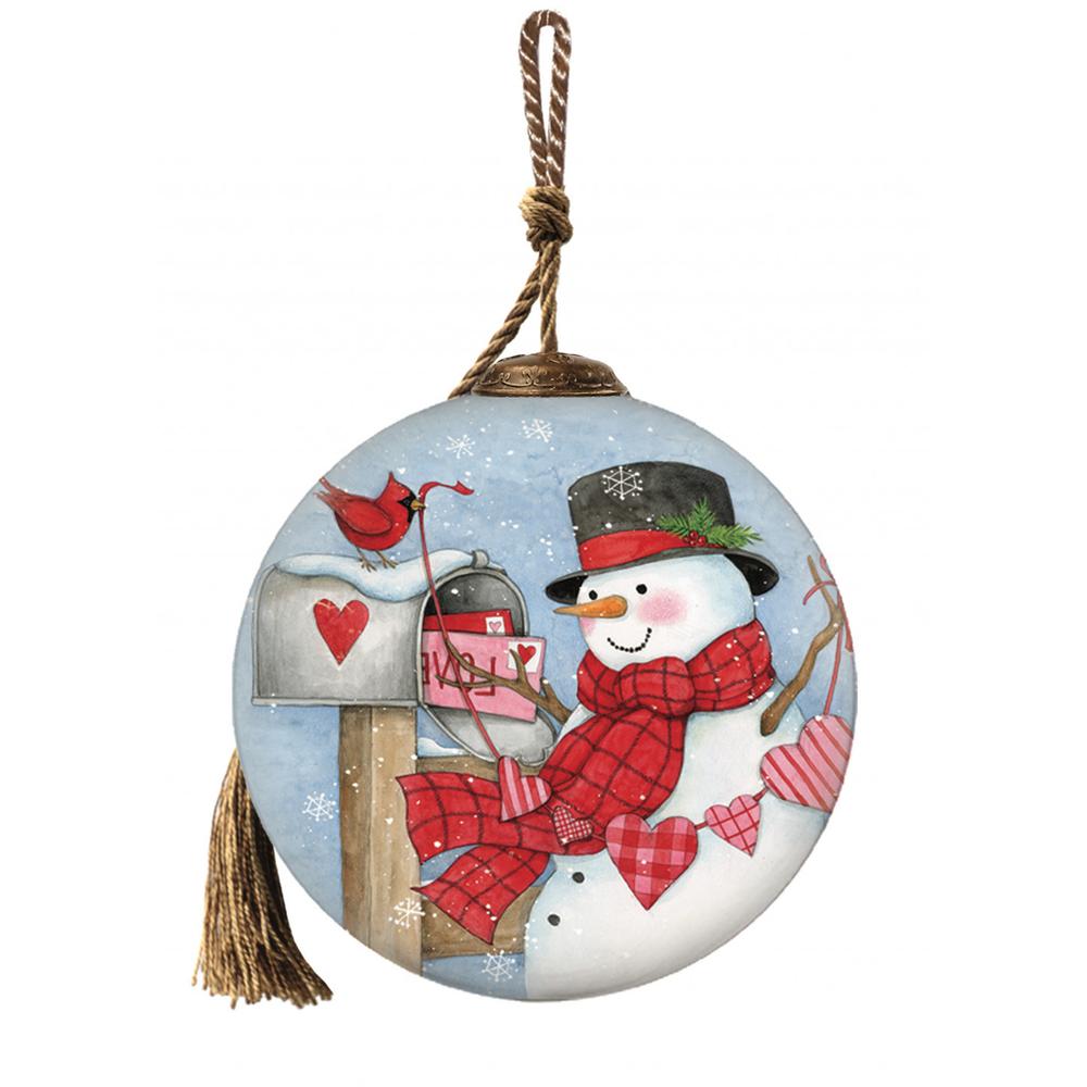 Valentine Snowman Hand Painted Mouth Blown Glass Ornament. Picture 2