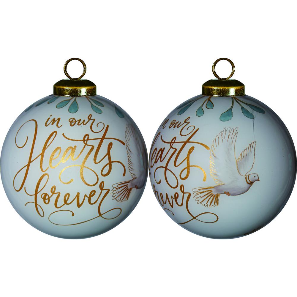 White and Gold In Our Hearts Forever Hand Painted Mouth Blown Glass Ornament. Picture 1