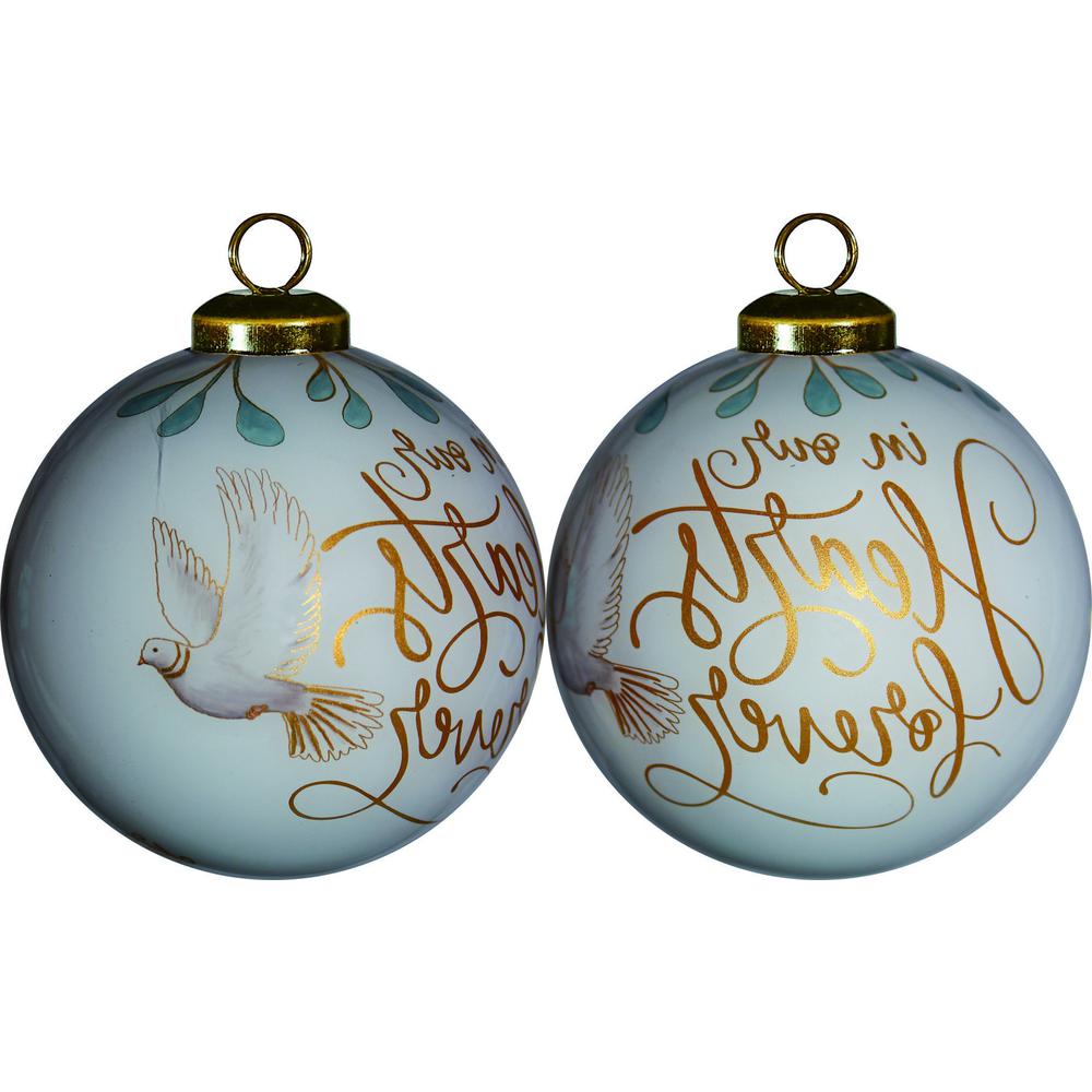 White and Gold In Our Hearts Forever Hand Painted Mouth Blown Glass Ornament. Picture 2