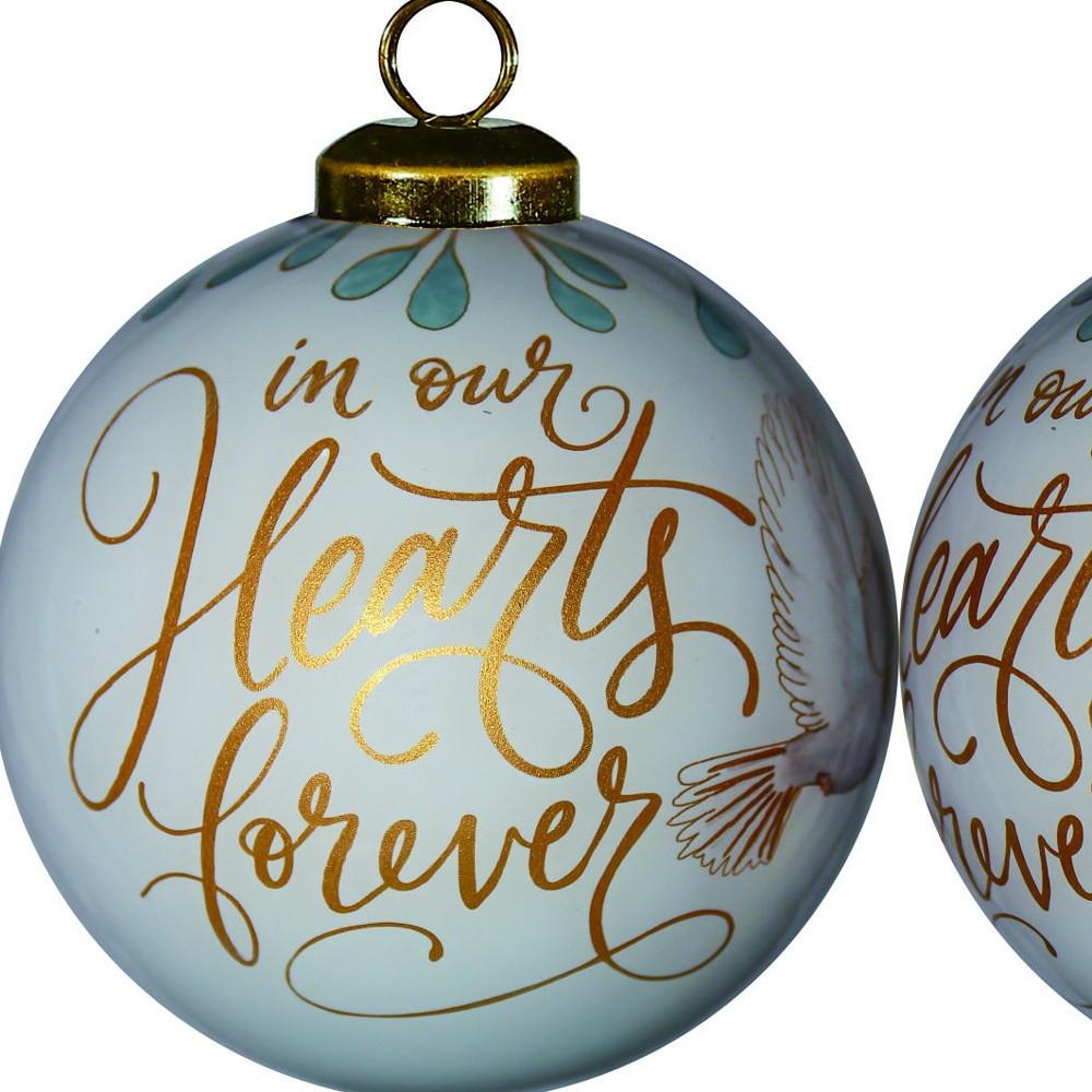 White and Gold In Our Hearts Forever Hand Painted Mouth Blown Glass Ornament. Picture 3