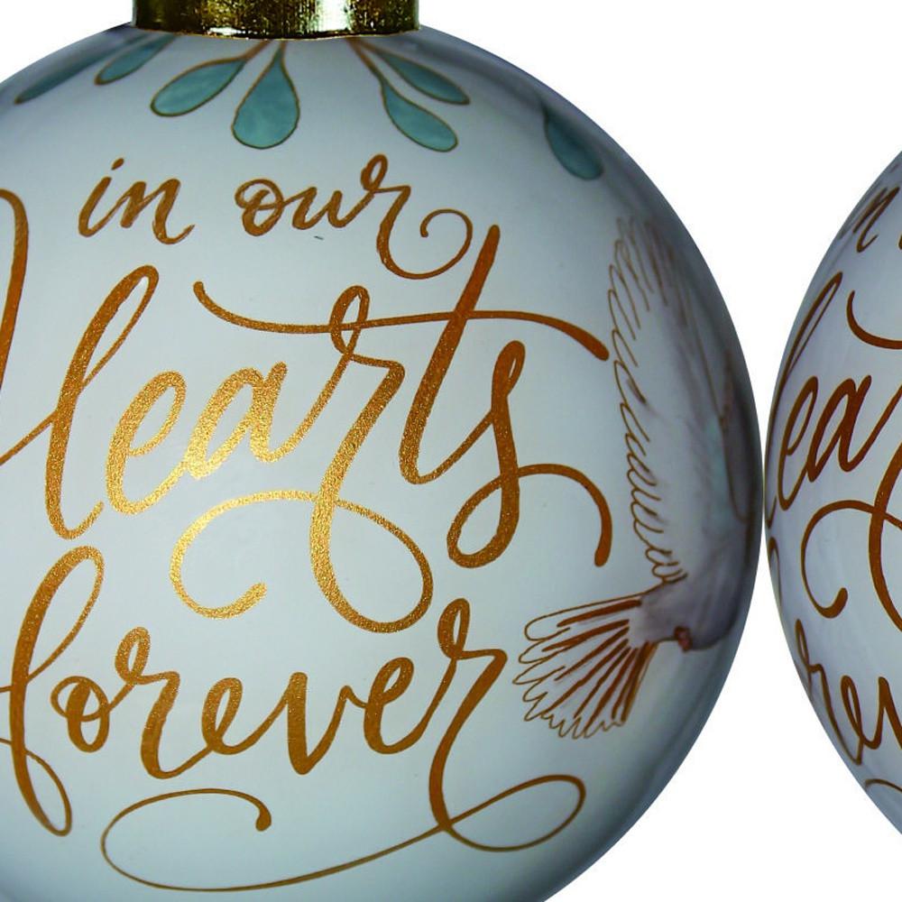 White and Gold In Our Hearts Forever Hand Painted Mouth Blown Glass Ornament. Picture 4