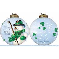 Green Irish Snowman Hand Painted Mouth Blown Glass Ornament. Picture 1