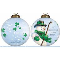 Green Irish Snowman Hand Painted Mouth Blown Glass Ornament. Picture 2