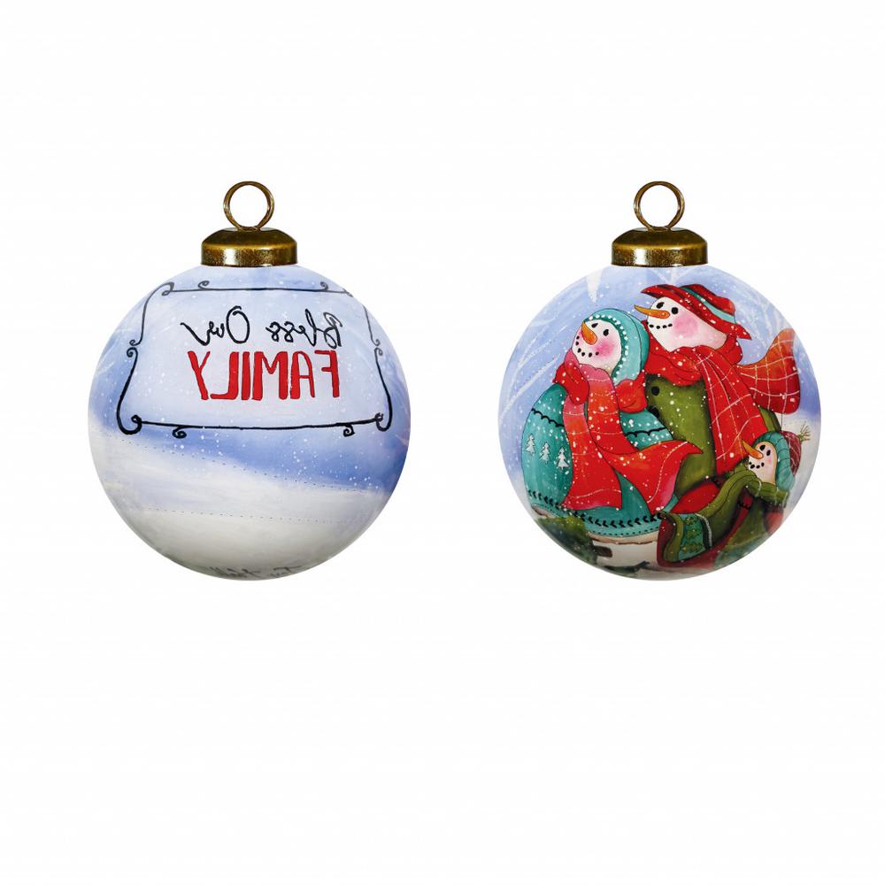 Snowman Family Bless Our Family Wordings Hand Painted Mouth Blown Glass Ornament. Picture 2