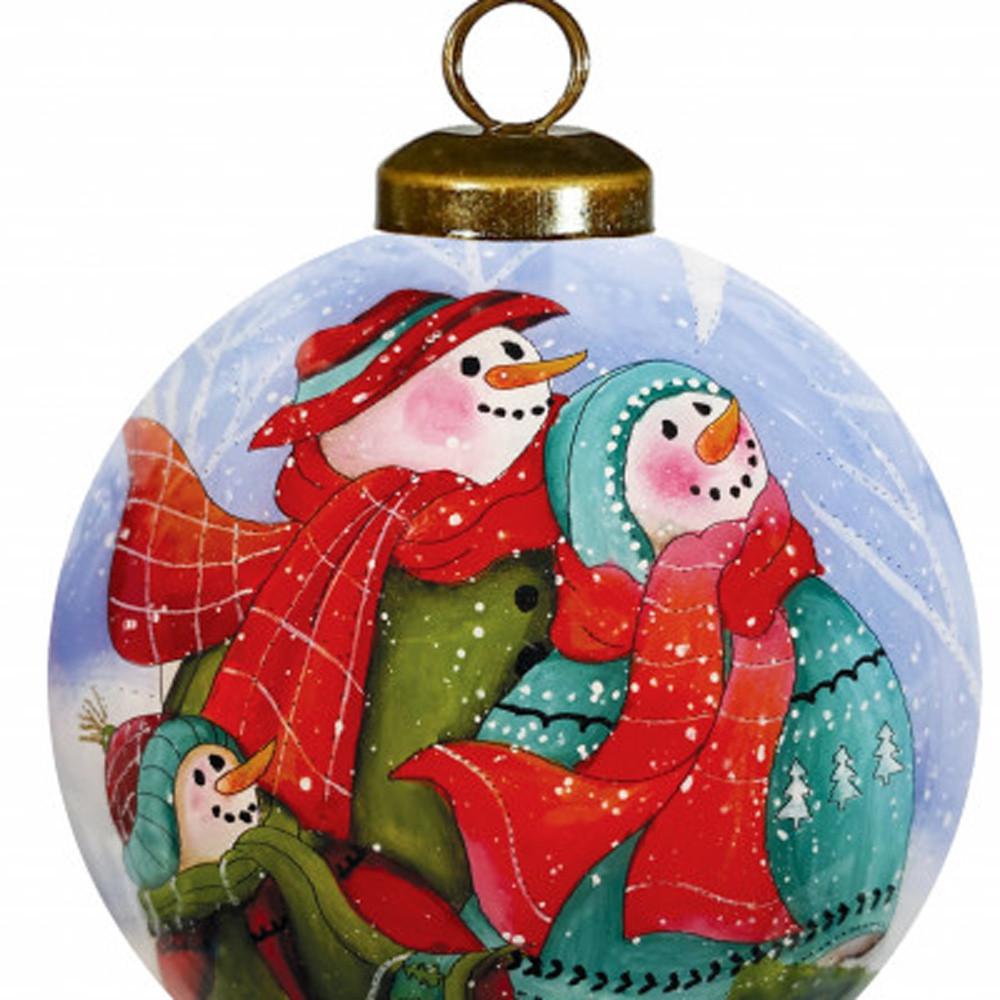 Snowman Family Bless Our Family Wordings Hand Painted Mouth Blown Glass Ornament. Picture 3