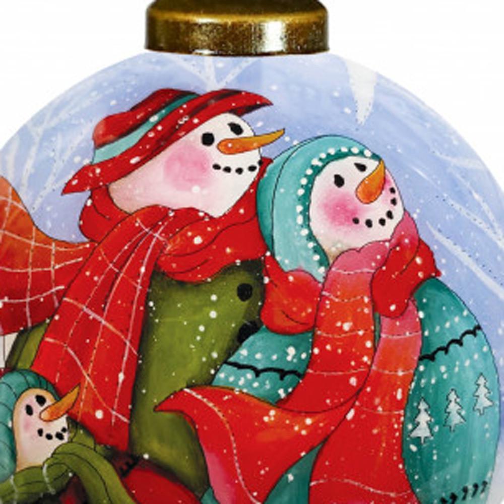 Snowman Family Bless Our Family Wordings Hand Painted Mouth Blown Glass Ornament. Picture 4