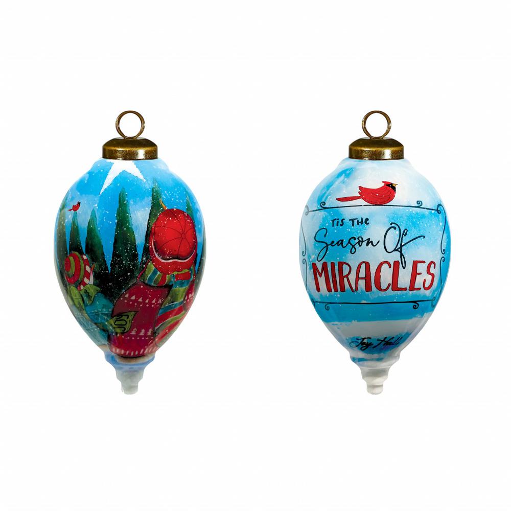 Season of Miracles Wordings Snowman Hand Painted Mouth Blown Glass Ornament. Picture 1
