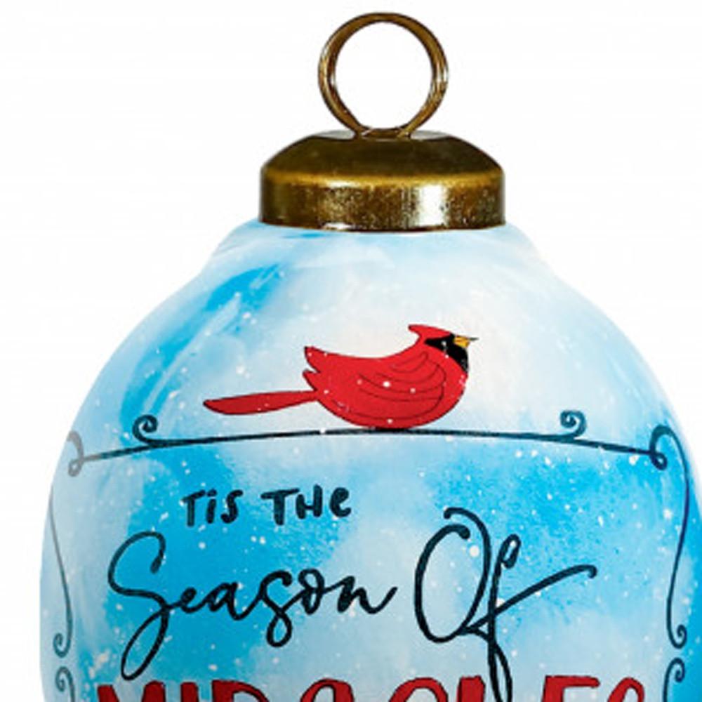 Season of Miracles Wordings Snowman Hand Painted Mouth Blown Glass Ornament. Picture 3