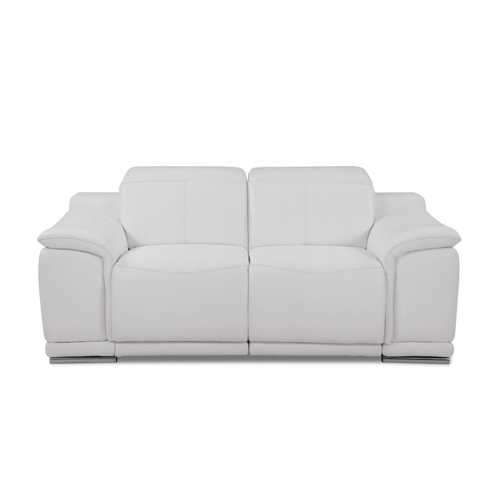 72" White And Silver Italian Leather Power Reclining Love Seat. Picture 3